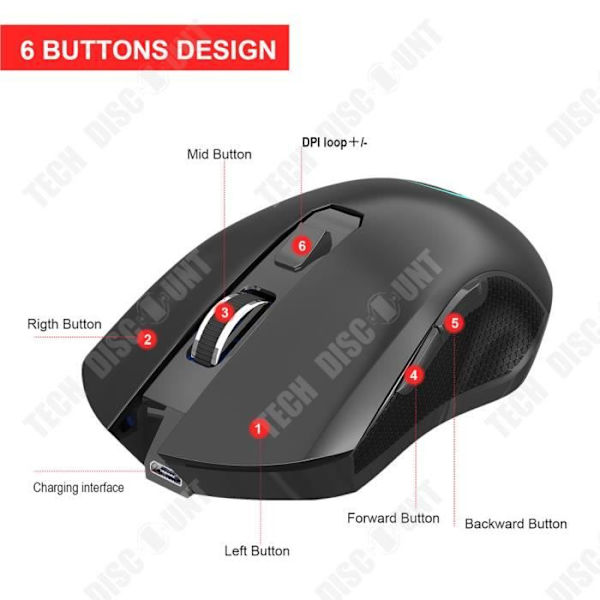 TD® Trådløs genopladelig silent gaming mus 2.4G 10m transmission 2400dpi farvet lysmus
