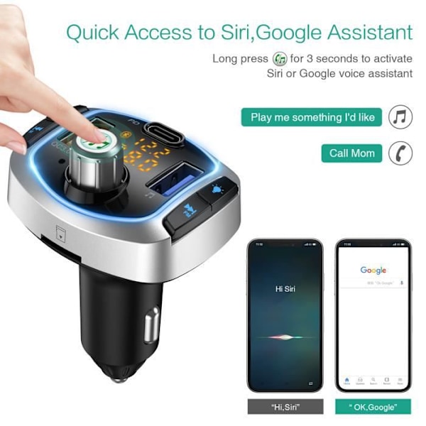 FM-Bluetooth-lähetin, Bluetooth-auton handsfree-setti USB QC3.0 + Type-C tupakansytyttimen laturilla, tukee TF-korttia/USB-muistitikkua Svart