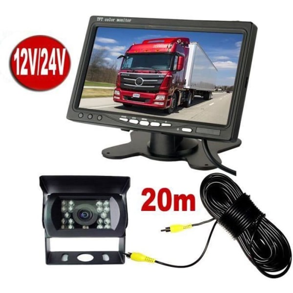Backkamera 7-tums LCD-skärm, 18 LED IR Night Vision Bakre kamerasats 20m kabel 12V-24V för bussläsarlastbil husbil