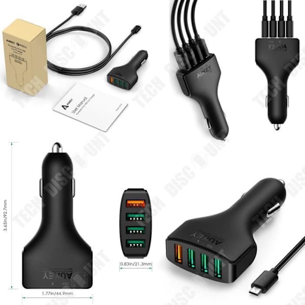 TD® Biloplader med fire porte hurtig opladnings USB-kabel praktisk tilslutning cigarettænder elektronisk batteri