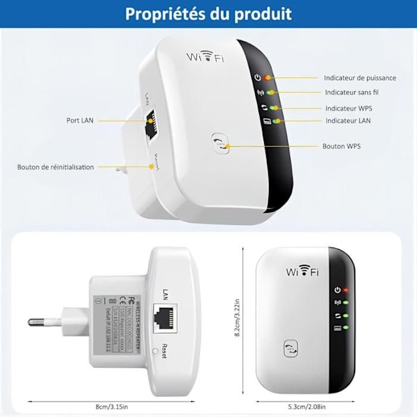 Répéteur WiFi TD® 300Mbps Trådløs Repeater Uden Fil Forstærker WiFi Kraftig 2.4GHz WiFi Forlænger Rækkevidde Forstærker WPS Beskyttelse