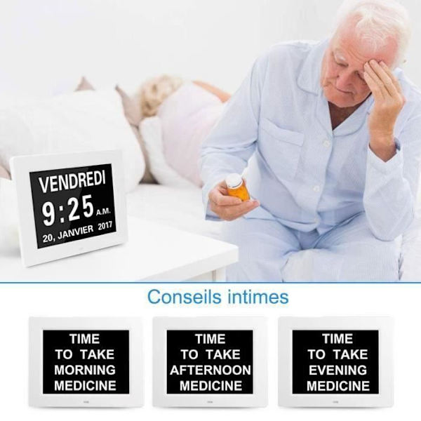 Kalenderklocka med datum Dag Tid Automatisk avbländande larm för äldre - Alzheimers och barn - Vit ma14892