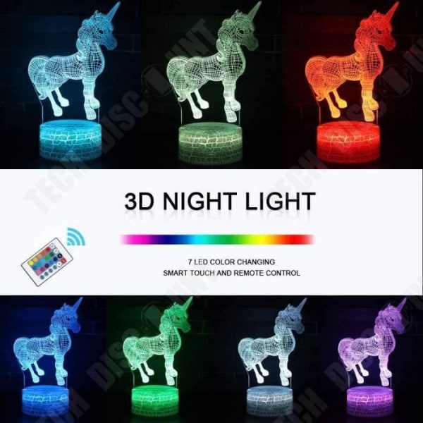 TD® 3D lampe med optiske illusioner, i form af LED-unicorn - Natlampe multicolor - sengebord lampe.