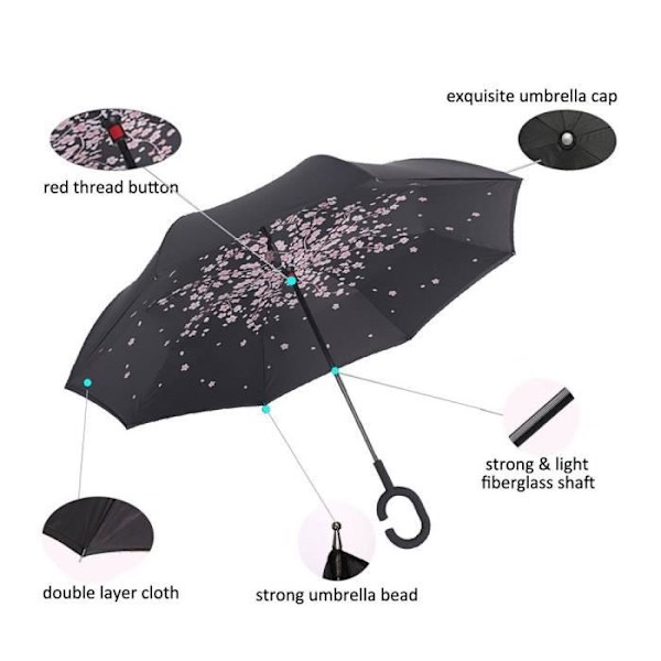 Parasols - Stok - Vendt - Dobbelt Lag - Vindafvisende - Håndfri - Sort Svart röd