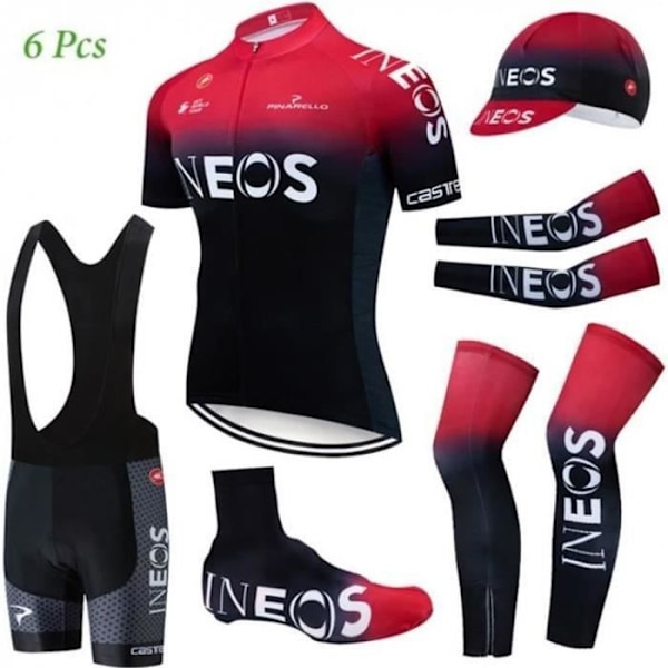 Cykeloutfit kortärmad tröja haklappshorts + keps + armvärmare + armvärmare byxor + skoöverdrag, cykelkläderset Röd S