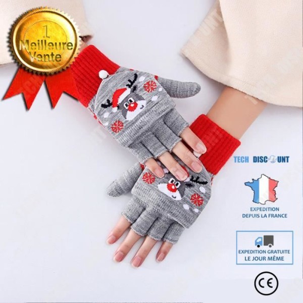 TD® Damer vinter halvhands flip tyk varm strikket sød juledesign fingerløse handsker