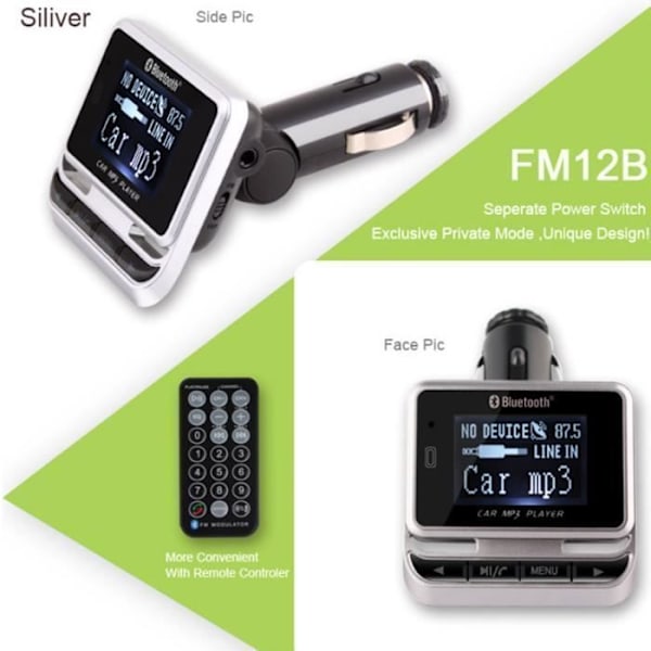Bluetooth FM transmitter bil cigarettænders fjernbetjening hands-free opkald modtagelse skærm MP3 audio video afspiller
