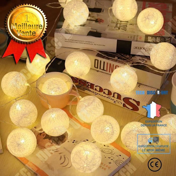 TD® Fairy lights - 20 LED-kulor - Varmvita - 2,3 m bomullsbatterilåda ljus girlander inredning