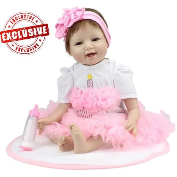TD® Toddler Girl Doll Tutu Pannband Rosa och Vit Leende 22 tum Vinyl Silikon Realistisk nappflaska leksak