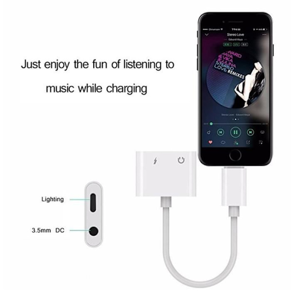 2 i 1 Lightning-laddaradapter för iPhone X, iPhone 8/8 Plus.iPhone 7/7 Plus. Adapter musikhörlurar till 3,5 mm headset Vit
