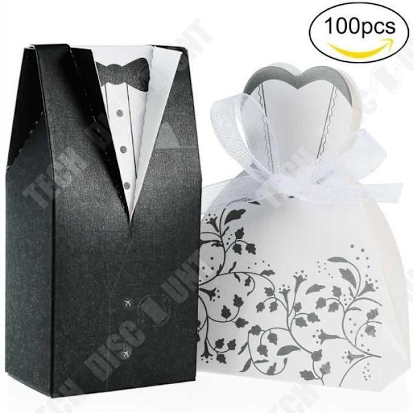TD® Pakke med 100 stk. Dåbs- og bryllupsgaver til gæster - 50 stk. brudgom sort + 50 stk. brud hvid, chokolade slik