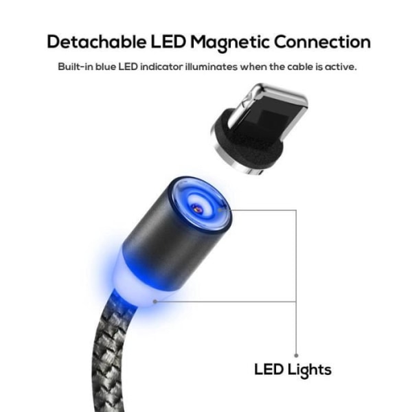 Harmaa 1M 360° pyöreä magneettiadapteri USB Type-C / IOS / nopea latauskaapeli kaikille älypuhelimille