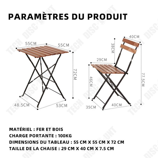 TD 3-delad trädgårdsmöbelset med bord och 2 hopfällbara stolar Fällbart bordsset Trädgårdsbord Utomhusmöbler Bistroset