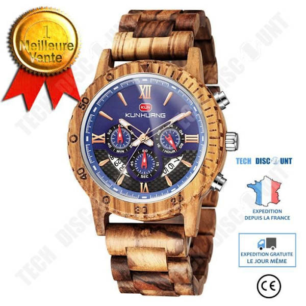 TD® Herre ur i zebra træ, triple remontoir multifunktion quartz ur til mænd, gave tilbehør