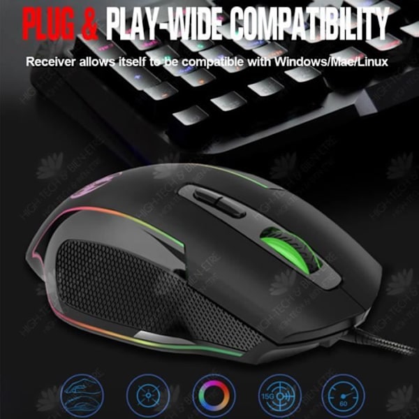 HTBE® E-sports kyllinge gaming mus med 7 knapper farverigt åndedrætslys til computer og bærbar computer