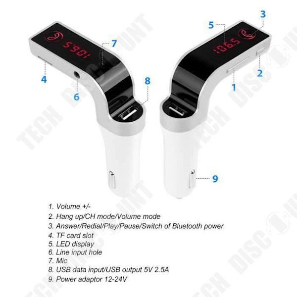 TD® Auton FM-lähetin - Monitoiminen Bluetooth-autosarja Handsfree Radio MP3-soitin USB-laturilla Hopea