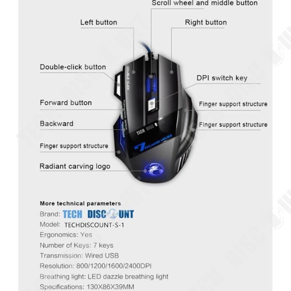 Souris Gaming - Teknologi Rabat - TD 7 Knapper - LED Baggrundsbelysning - Ergonomisk - Kablet