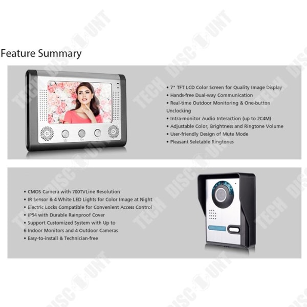 TD® Visual Intercom dörrklocka 7 tums trådbunden inomhusdörrklocka Utomhusdörrklocka Maskin justerbar vinkel