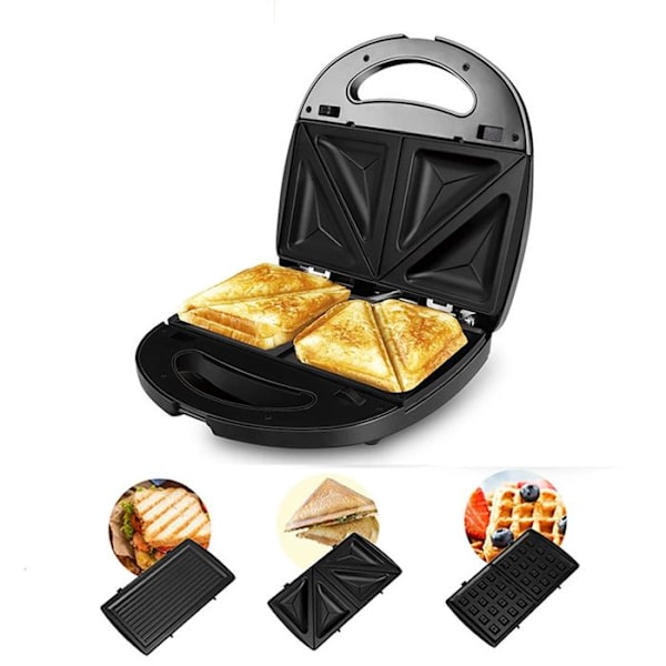 3-i-1 elektrisk apparat vaffeljern croque-monsieur, sandwich toaster grå og sort multifunktion i rustfrit stål