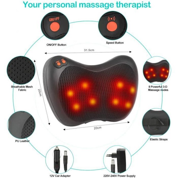 Hierontatyyny, No14, 8 Lämpenevää Shiatsu-massointipäätä Selälle, Säädettävä Intensiteetti Lämpimällä Hieronnalla