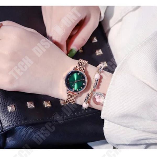 TD® Quartz Watch Presentset för kvinnor, flickor - grön urtavla + silver och rosa pärlormband med present för blomsmycken
