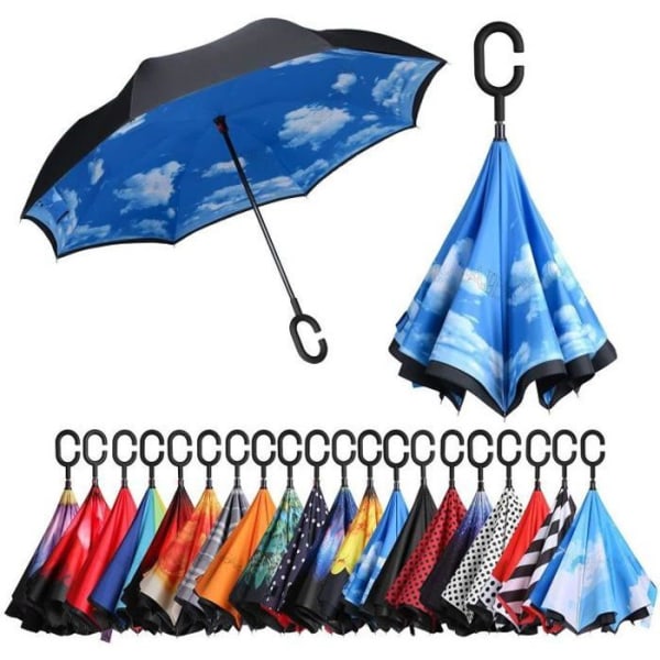 Inverterat paraply, anti-UV dubbellager vindtätt paraply, handsfree C-format handtag paraply