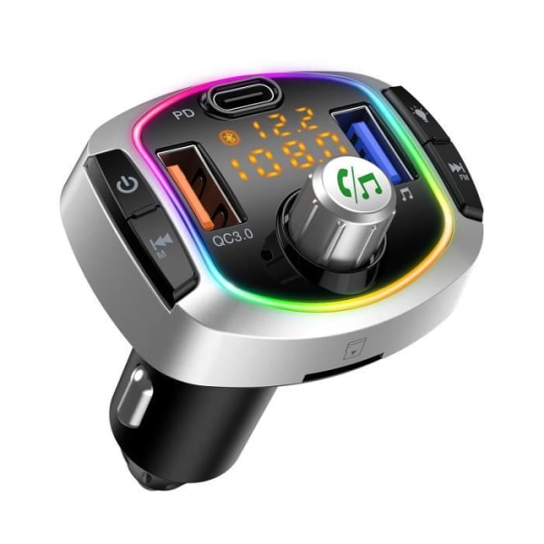FM-Bluetooth-lähetin, Bluetooth-auton handsfree-setti USB QC3.0 + Type-C tupakansytyttimen laturilla, tukee TF-korttia/USB-muistitikkua Svart