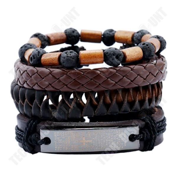 TD® Sæt med 4 dele læderarmbånd til mænd, vulkansk sten, træperler, vævet armbånd i flettet læder retro gave