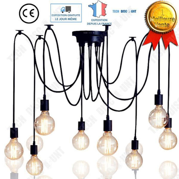 Hängande lampa - TD® - Retro - 8 glödlampor - Svart - Justerbar 1m