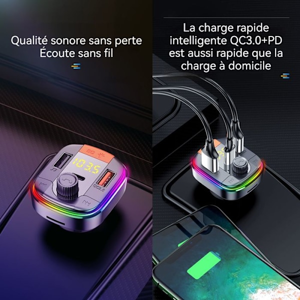 FM-sender - TD® - Bluetooth 5.2 - Dobbelt USB-oplader - Håndfri - Ambient lys