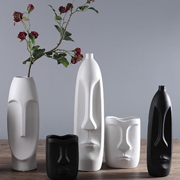 Dekorativ vase - Luksus - Ansigt i keramik - Hvid - Emaljeret - Minimalistisk stil