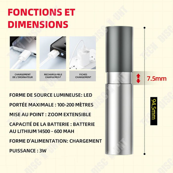 TD Mini LED genopladeligt lommelygte med 3 lysindstillinger og zoomfunktion til børn, gave til camping, vandreture, nødsituationer og strømafbrydelse