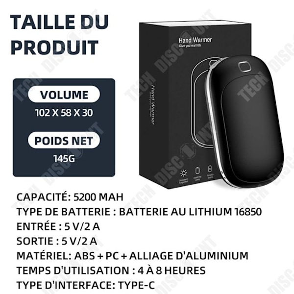 TD Återanvändbar Uppladdningsbar Handvärmare 5200mah Bärbar Power Bank för utomhussport Jakt Camping Svart Enkel att använda