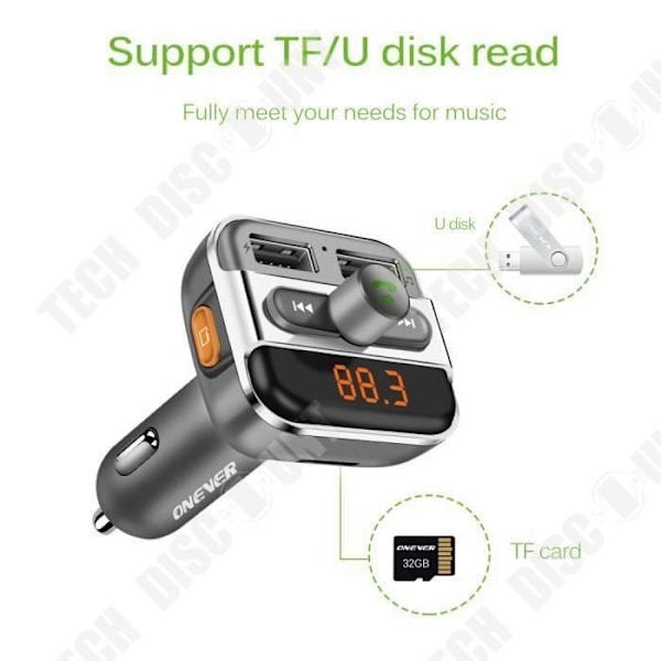 TD® AUTON KIT FM-lähetin Bluetooth-musiikkisoitin USB-lataus - Langaton Bluetooth -kit 2 USB 1 SD-portti - Autotarvikkeet