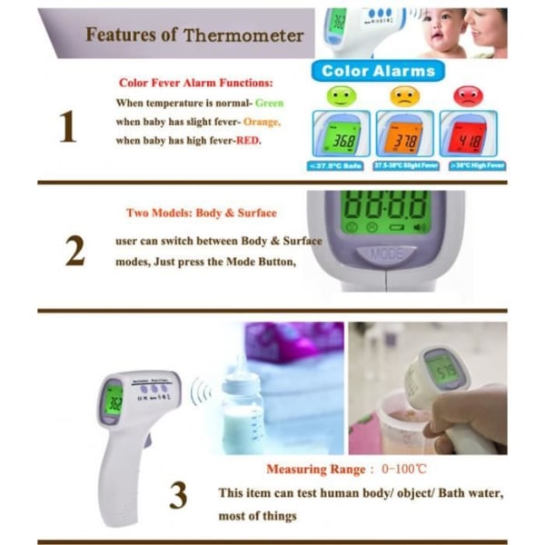 Kroppstermometer Beröringsfri digital panna infraröd panntermometer med tre bakgrundsbelysningsfärger