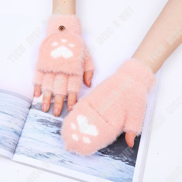 TD® varma stickade handskar plus köldbeständiga mink tecknade handskar för flickor med halvfinger flip handskar