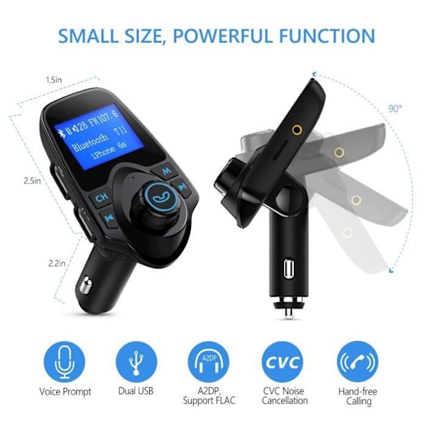 FM Bluetooth Transmitter, Trådløs Bil Håndfri Adapter Radio med USB Bil Oplader og 1,44 Tommer Skærm - Sort