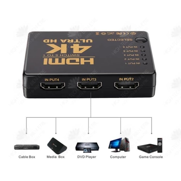 HTBE® HDMI Splitter Fem i en Switch HDMI Switcher 3 in 1 Out 4 out med fjärrkontroll