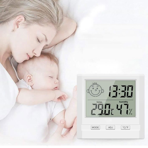 Inomhustermometer Digital Hygrometer med tidsvisning, noggrann temperaturmätare för fuktighetsmätare Vit