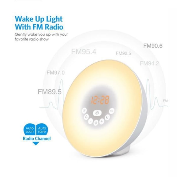 TD® Valoherätyskello, Auringonnoususimulaatio Hämyvalo luonnonvalolla, FM-radio kosketusohjauksella ja latauslaite