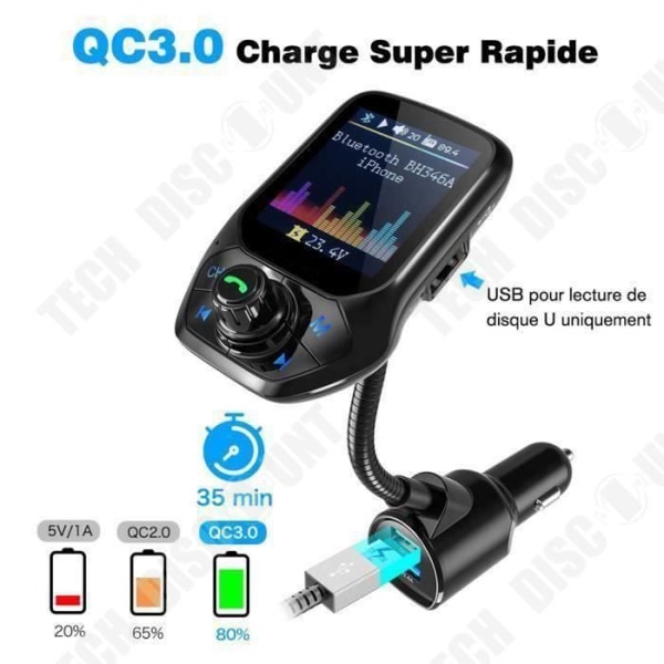 TD® FM Bluetooth Transmitter Adapter 3 USB til Bil med Hurtig Opladning, 1.8” Skærm - Håndfri Kit & FM Frekvensjustering