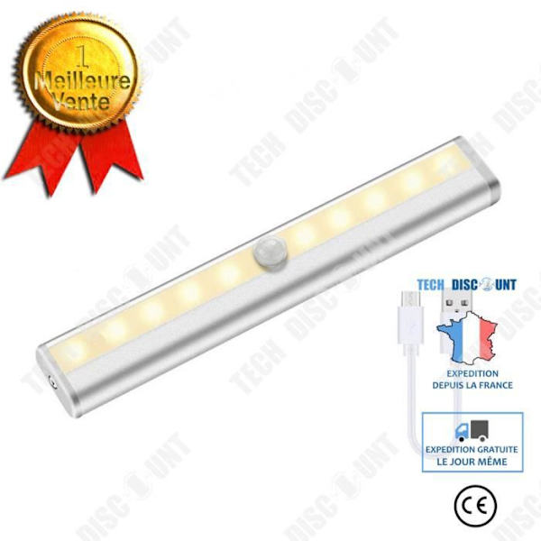 TD® 1 stk bevægelsessensor lampe, 10 LED skabs lampe, USB genopladelig LED natlampe, trappe lampe - varmt hvid