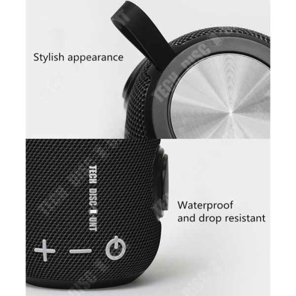 TD® Trådløs Bluetooth-højttaler i sort cylindrisk design med hvide knapper til udendørs brug, vandtæt mini-højttaler i stof, bærbar.