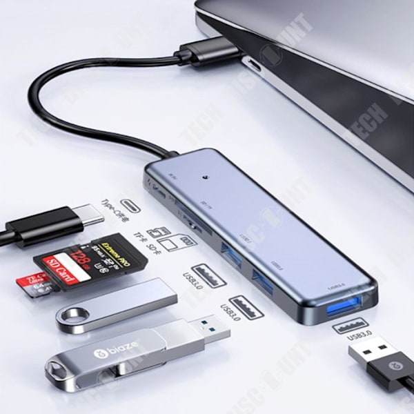 TD® Hub USB3.0 ultraslank datakoppler med 6 porte og 30CM forlængerkabel, der passer til bærbare computere og USB-nøgler.