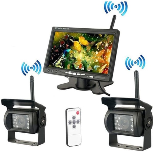 Ny trådlös säkerhetskopieringskamera 7 tums HD LCD-skärm + 2x vattentät bilkamera för lastbil RV Bussläp + cigarettändare
