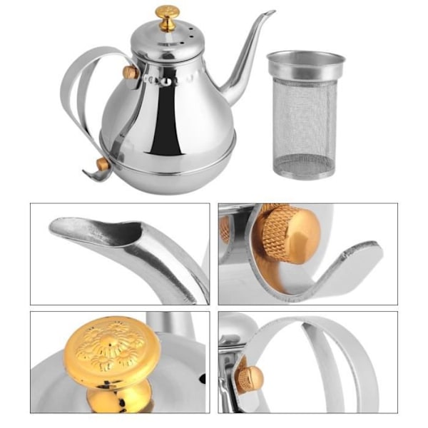 1,2L teekande, kaffekande - Poleret rustfrit stål te-kedel med te-filter, te-infuserkande med låg