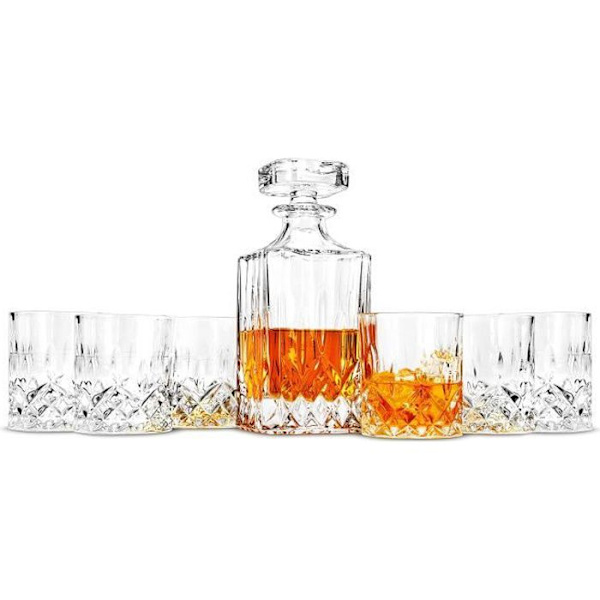 Whiskykaraff, 750 ml flaska med 6x 300 ml whiskyglas, kristallkaraff, 7 delar