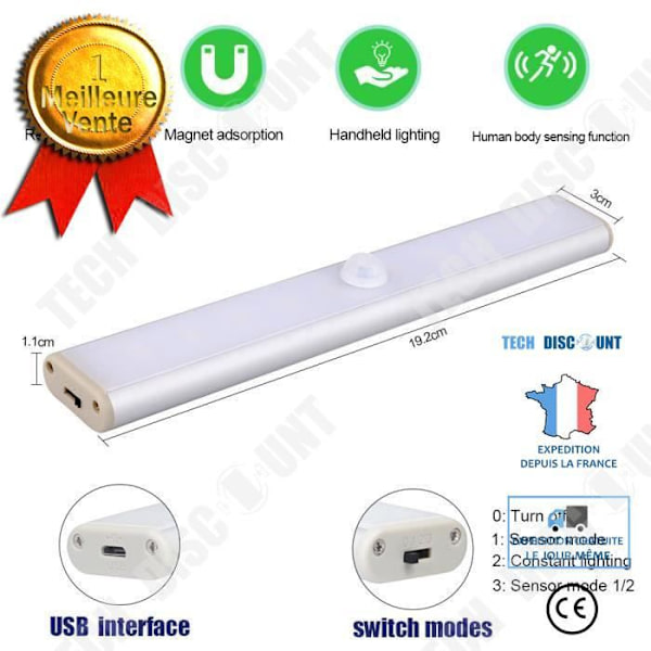 TD® Automatisk LED Nattlampe, 24 LED Genopladelig USB Skabslampe med bevægelsessensor, Magnetisk klæbende bånd, 3 tilstande