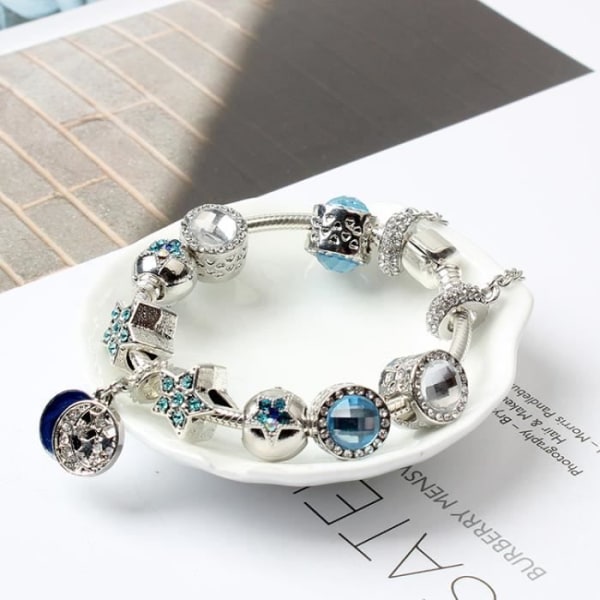 18CM Armband Berlocker Smycken Sterling Silver 925/1000 damsmycken Blå Kristall Pandora stil damgåva