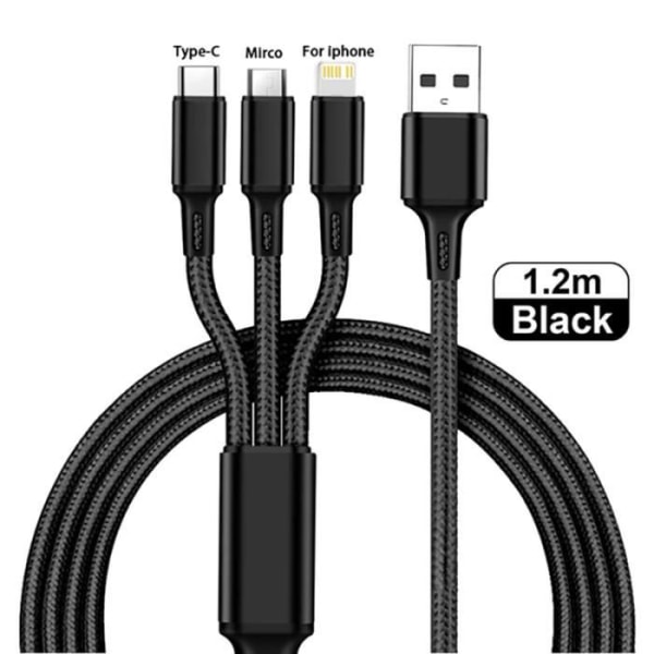 Svart storlek 1,2m För 3 i 1 USB-kabel 3 i 1 Typ C, snabbladdning, för mobiltelefon, kompatibel med